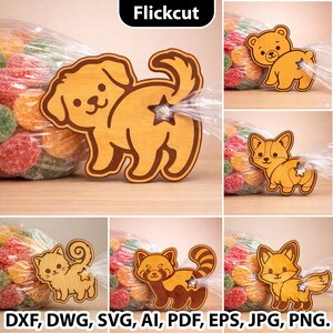 May include: Wooden animal-shaped bag clips, including a dog, bear, corgi, cat, red panda, and fox. Each clip has a star-shaped hole. The image also includes the text "Flickcut" and file type abbreviations.