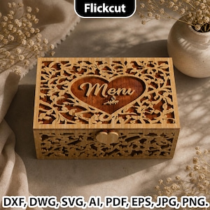 May include: A rectangular wooden box with detailed laser-cut floral patterns. The box has a heart-shaped design in the centre with the word "Menu" inscribed. A small heart-shaped clasp secures the lid. The image also includes the text "DXF, DWG, SVG, AI, PDF, EPS, JPG, PNG."