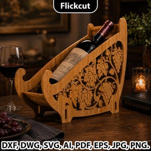 May include: A light brown wooden wine rack featuring intricate laser-cut designs of grape clusters and vine leaves on the side panels. The rack holds a single wine bottle at an angle and includes the text Flickcut at the top and file formats.