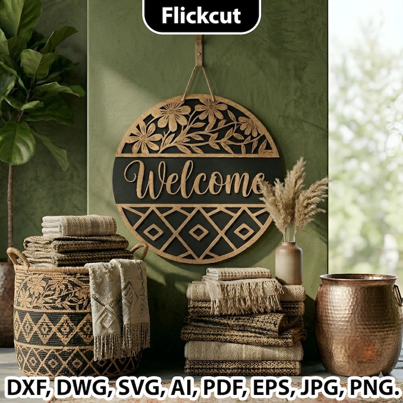 Welcome Sign SVG, Layered Round Door Hanger Laser Cut File, Round Door ...