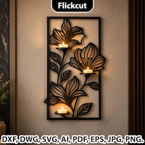 May include: A rectangular black metal wall art piece featuring a laser-cut floral design with three integrated circular candle holders. Each holder contains a lit white tea light candle. The text Flickcut is displayed at the top.