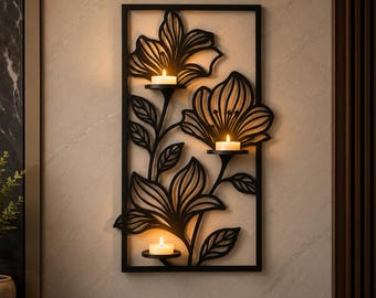 Floral Wall Candle Holder SVG, Botanical Wall Decor Laser Cut File, Flower Candle Decor SVG, Wooden Wall Art svg, Tea Light Holder CNC File