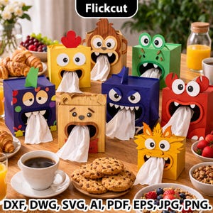 May include: A collection of colorful, cartoon-faced tissue box holders. Each box is a different color and animal design, with tissue paper emerging from the mouth. The boxes are arranged on a wooden table with food and drinks.