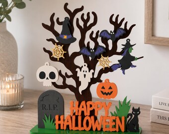 Halloween Tree Laser Cut File SVG, Halloween Table Decor SVG, Spooky Tree Stand, spooky wooden tree shelf sitter svg, Halloween Centerpiece