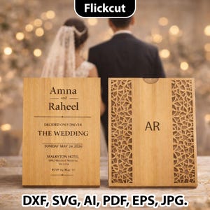 May include: Wooden wedding invitation with the names "Amna and Raheel" and wedding details. The invitation includes the date "Sunday May 24 2026" and venue information. The cover features a decorative laser-cut design and the initials "AR".
