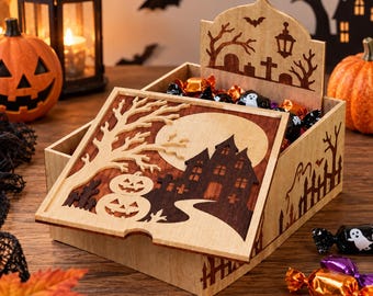 Halloween Coffin Box SVG Laser Cut, Halloween Candy Box SVG, Haunted Treat Box Laser Cut SVG, Spooky Candy Holder, Halloween Gift Box svg