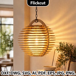 Pode incluir: Uma luminária pendente de madeira com um design esférico, composta por ripas de madeira em camadas. A luz pende de uma corrente preta e ilumina com um brilho quente. O texto "Flickcut" está no topo. O texto na parte inferior diz "DXF, DWG, SVG, AI, PDF, EPS, JPG, PNG."