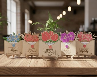 Mother's Day Flower Card Laser Cut, Wooden Table Decor, Mother’s day gift card holder SVG, Gift For Mom SVG, wildflowers bouquet laser cut