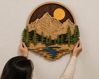 Layered Mountain Lake SVG, 3D Mountain Wall Art Laser Cut File, Wooden Nature Scene CNC Glowforge Cricut Decor Design, Digital Download