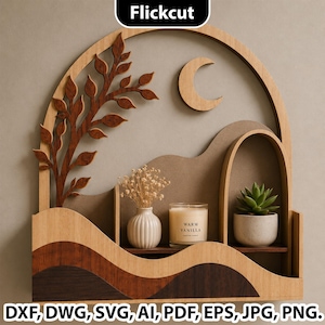 May include: A wooden wall shelf featuring an arched frame, a cutout tree branch, and a crescent moon shape. The shelf includes a small white vase with dried flowers, a candle labeled Warm Vanilla, and a potted succulent on its tiered levels.