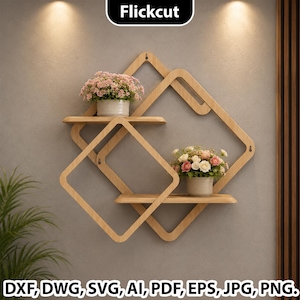 Puede incluir: Un estante de pared de madera clara con dos marcos en forma de diamante superpuestos y dos repisas horizontales. Dos macetas blancas con flores rosas y blancas descansan sobre los estantes. El texto Flickcut aparece arriba, con formatos de archivo.