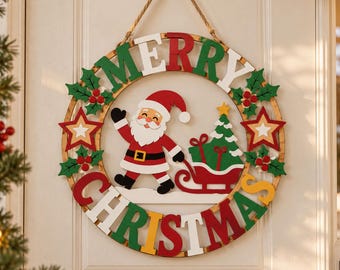 Christmas door wreath SVG, Christmas Door Hanger SVG, Christmas Welcome Sign, Merry Christmas Door Sign Laser Cut File, Glowforge xTool CNC