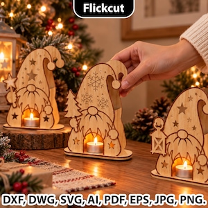 May include: Three light-coloured wooden gnome-shaped candle holders with cut-out designs including stars, snowflakes, and trees. Each gnome features a central opening holding a small lit tea light candle. The text Flickcut is at the top.