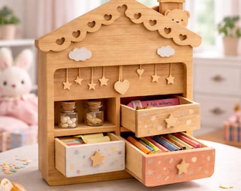 Kids Wooden Organizer Laser Cut File SVG, Nursery Drawer Storage Box, House Shape Organizer Plan, Glowforge Cricut Files, Toy Storage SVG