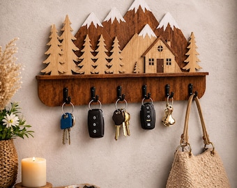 Mountain Key Holder SVG, 3d Wooden Key Holder SVG, Entryway Wall Organizer Wooden Forest Key Organizer, keychain rack with hooks, wall decor