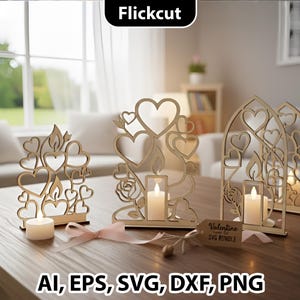 May include: Wooden Valentine's Day candle holders with heart and flame designs. The laser-cut decorations include a candle and a tag that says "Valentine Laser Cut SVG Bundle". The image also includes the text "AI, EPS, SVG, DXF, PNG".