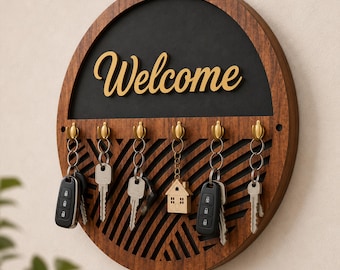 Welcome Key Holder Laser Cut File, Layered Wooden Key Rack Laser Cut, Entryway Wall Organizer, House Key Holder, keychain rack with hooks