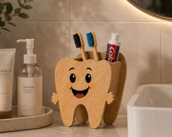 Cute Toothbrush Holder SVG, Tooth Shaped Bathroom Organizer Laser Cut File, Dental Storage Box DXF, Glowforge Cricut CNC, Digital Download
