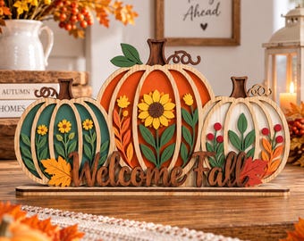 Standing Floral Pumpkin Decor Laser Cut SVG, 3D Standing Pumpkins, Thanksgiving Pumpkin Signs, Wooden Tabletop Decor, Fall Pumpkin Decor SVG