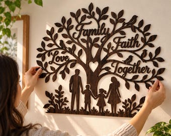 May include: A dark brown wooden wall art piece shaped like a tree with intricate branches and leaves. The design features the words Family, Faith, Love, and Together, along with silhouettes of a family of four and small birds.