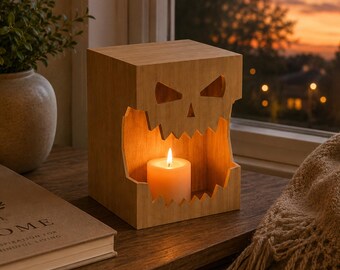 Halloween Candle Holder Laser Cut SVG, Laser Cut Pumpkin Lantern Box, Wooden Tealight Candle Holder SVG, Halloween Decor, Lantern CNC File