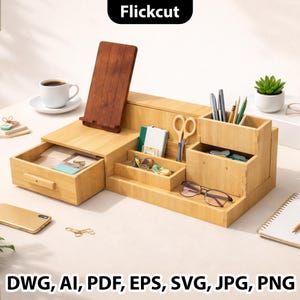 May include: A light-colored wooden desk organizer with multiple compartments, including drawers, pen holders, and a phone stand. The organizer holds office supplies, a small succulent, and a cup of coffee. The text "Flickcut" is visible.
