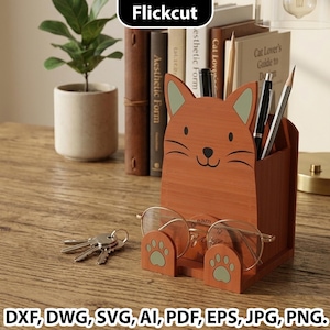 Organizador de escritorio cortado con láser, organizador de gatos SVG cortado con láser, portalápices y gafas 3D cortado con láser, SVG para niños, soportes para gafas, portalápices