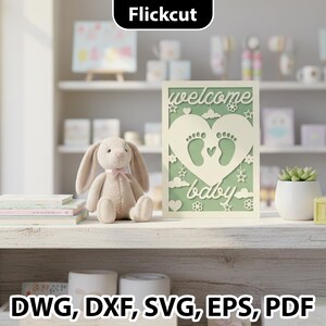 pdf baby template, commercial use baby svg, laser ready baby file, modern baby card svg, instant download baby svg, Layered welcome baby laser cut card design featuring heart shape with baby footprints inside, surrounded by clouds, stars, flowers and welcome baby text, pastel green background, suitable for Glowforge Cricut Silhouette, baby shower greeting card SVG template, newborn keepsake paper cut design, 3D layered baby card file for laser cutting and cardstock crafting, digital download