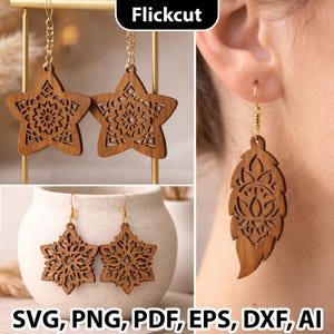 May include: Wooden earrings in star and leaf shapes with intricate cut-out designs. The earrings are a warm brown color and hang from gold-colored hooks. The image also includes the text "Flickcut" and "SVG, PNG, PDF, EPS, DXF, AI."