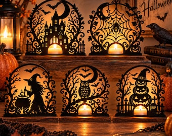 Halloween Candle Holder SVG Bundle, 5 Spooky Tea Light Lantern Laser Cut Files, Gothic Candle Decor, Spooky Wood Lantern, Haunted Sign Laser