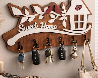 Sweet Home Key Holder SVG, 3D Wooden key holder, key organizer laser cut, wooden home decor, wall key holder rack, Wooden Entryway Organizer