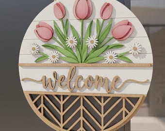 Floral Welcome Door Hanger SVG, Spring Farmhouse Decor Laser Cut File, Layered Round Sign Laser Cut File, Welcome Sign SVG, Floral Door Sign