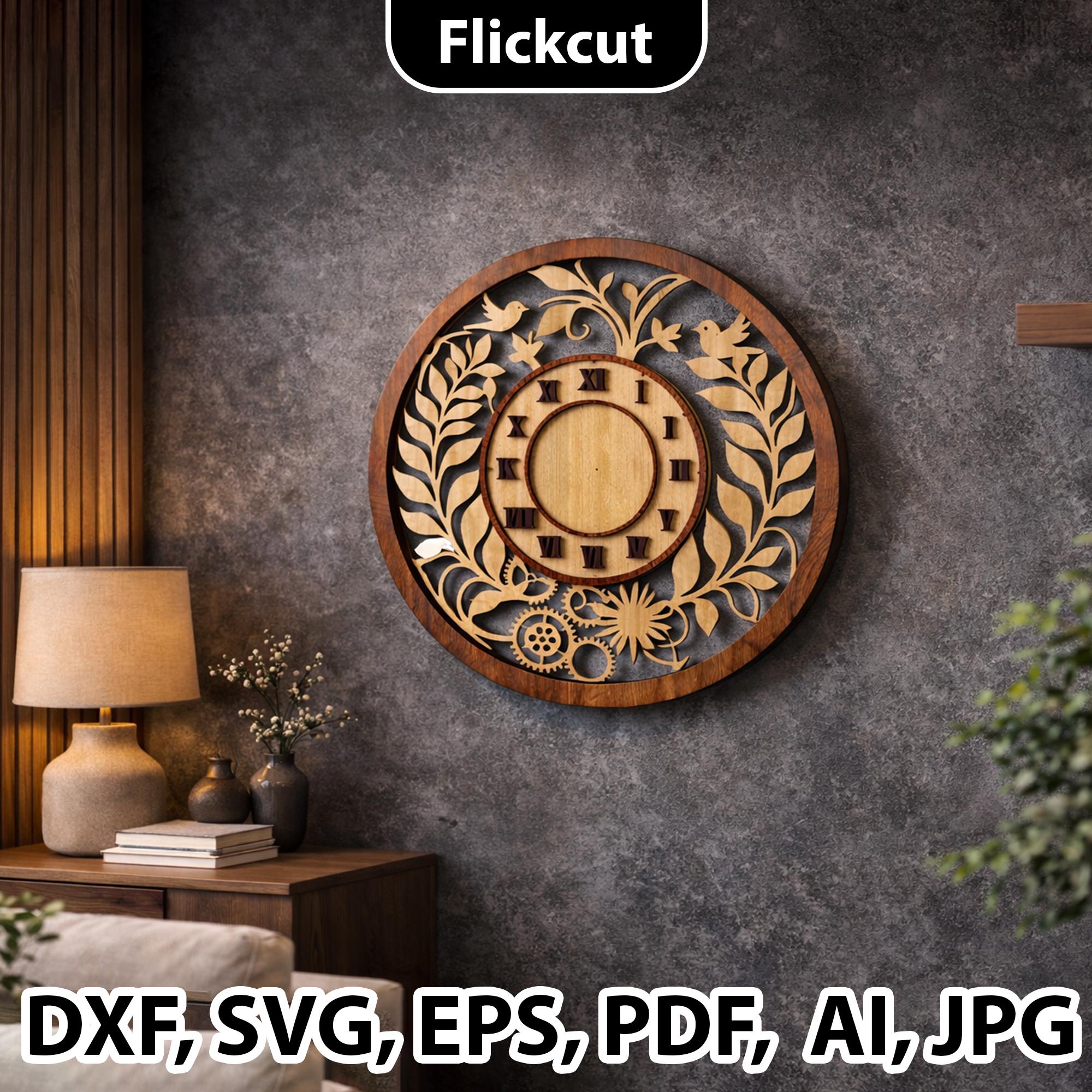 Layered Floral Wood Clock SVG Laser Cut, Wall Clock Dxf Template Wall ...