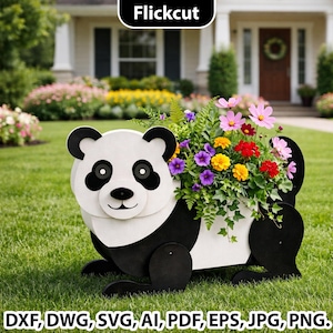 May include: A panda-shaped planter made of black and white wood, filled with colorful flowers. The planter is sitting on green grass in front of a house. The image includes the text "Flickcut" and file format options.