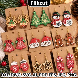 May include: A collection of nine pairs of holiday-themed wooden dangle earrings displayed on brown cards. Designs include reindeer, Christmas trees, snowmen, bells, Santa hats, gingerbread men, mittens, stars, and candy canes with red and white accents.