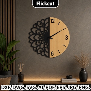 May include: A circular wall clock featuring a split design. The left half is a black laser-cut mandala pattern, while the right half is a light wood grain finish with black numerals 3, 6, and 12. Black clock hands are centered on the face.