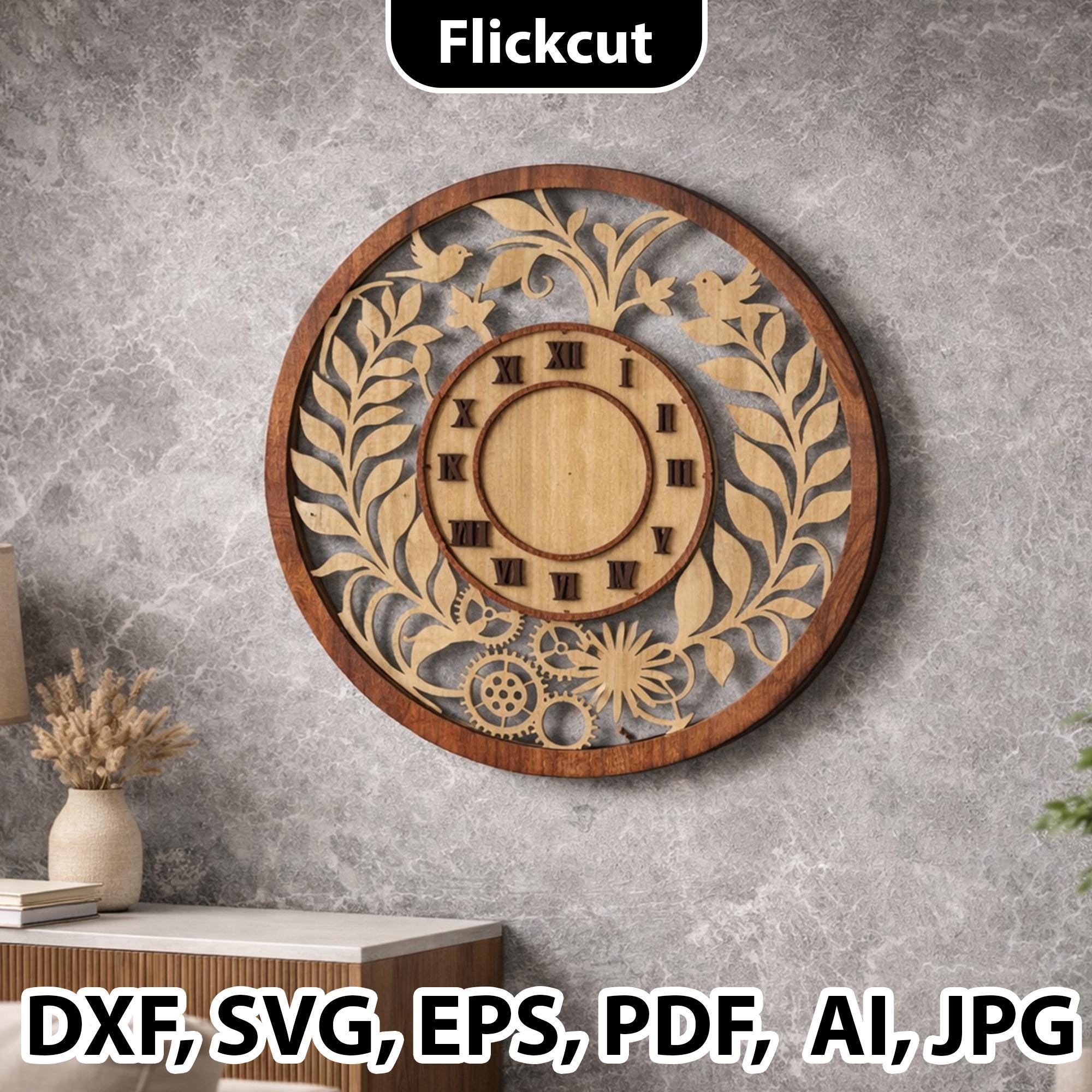 Layered Floral Wood Clock SVG Laser Cut, Wall Clock Dxf Template Wall ...