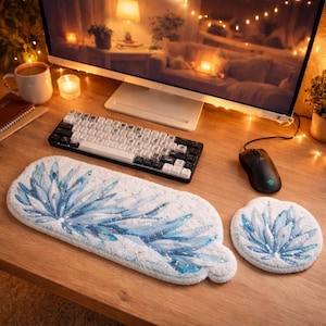 Handmade Icicle Shard Wrist Rest Duo, Abstract Geometric Punch Needle Keyboard and Mouse Mat Set for Textured Desk Styling