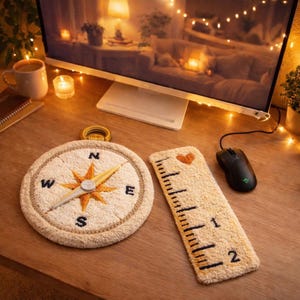 Geometric Compass and Ruler Punch Needle Desk Set, Ergonomic Keyboard and Mouse Wrist Rest Duo for Drafting Studio