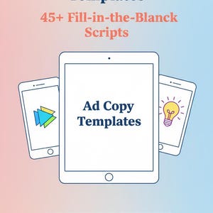 Puede incluir: Imagen digital con un fondo degradado azul y rosa. Presenta una tableta y dos teléfonos inteligentes. La tableta muestra "Ad Copy Templates", y los teléfonos inteligentes muestran iconos. El texto dice "Instagram Ad Templates" y "45+ Fill-in-the-Blank Scripts". También está presente el texto "FOR SMALL BUSINESSES".