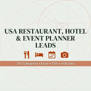 Puede incluir: Un gráfico digital con el texto USA RESTAURANT, HOTEL & EVENT PLANNER LEADS en negro, junto a iconos naranjas de cubiertos, una cama, un calendario y una cámara. Una barra horizontal naranja contiene el texto 21+ Categories • Excel + CSV • USA Data.