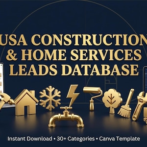 May include: A digital database product titled USA CONSTRUCTION & HOME SERVICES LEADS DATABASE, featuring a laptop and tablet displaying data, surrounded by gold 3D icons of a hammer, house, snowflake, lightning bolt, paint roller, tree, broom, wrench, and truck.