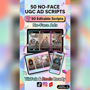 UGC Script Template, 50 Faceless Ad for TikTok Reels Shorts