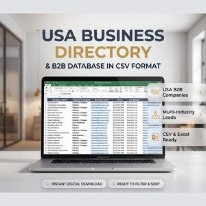 Może przedstawiać: Laptop wyświetlający katalog firm z USA i bazę danych B2B w formacie CSV. Ekran pokazuje arkusz kalkulacyjny z nazwami firm, branżami, e-mailami i numerami telefonów. Trzy boczne przyciski wymieniają USA B2B Companies, Multi-Industry Leads oraz CSV & Excel Ready.