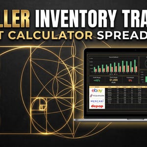 May include: A digital reseller inventory tracker and profit calculator spreadsheet displayed on a laptop screen. The interface features data charts, profit margins, and platform logos for eBay, Poshmark, Mercari, and Depop. Text includes Automated Profit Log, Multi-Platform Ready, Google Sheets & Excel, and Instant Digital Download.
