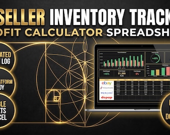 May include: A digital reseller inventory tracker and profit calculator spreadsheet displayed on a laptop screen. The interface features data charts, profit margins, and platform logos for eBay, Poshmark, Mercari, and Depop. Text includes Automated Profit Log, Multi-Platform Ready, Google Sheets & Excel, and Instant Digital Download.