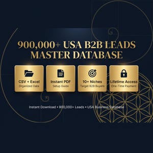 Puede incluir: Un gráfico digital azul oscuro titulado 900,000+ USA B2B LEADS MASTER DATABASE. Cuatro cuadrados dorados muestran iconos y texto: CSV + Excel Organized Data, Instant PDF Setup Guide, 10+ Niches Target B2B Buyers, Lifetime Access One-Time Payment.