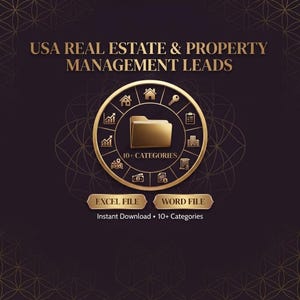 May include: A digital graphic titled USA REAL ESTATE & PROPERTY MANAGEMENT LEADS featuring a central gold circular emblem with a file folder icon, surrounded by icons for houses, keys, and charts, with buttons for EXCEL FILE and WORD FILE.