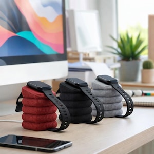 May include: Three smartwatches with black bands and rectangular screens rest on stacked fabric stands. The stands are red, black, and gray. A smartphone is in the foreground, and a computer monitor and plants are in the background.