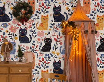 Boho Floral Cat Wallpaper | Whimsical Kitty Pattern Mural for Kids Rooms